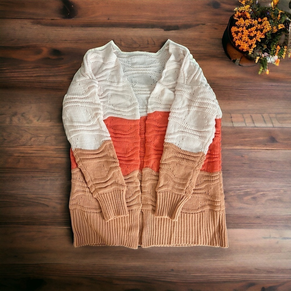 Boutique color block open front knit cardigan sweater coral multiple sizes NEW